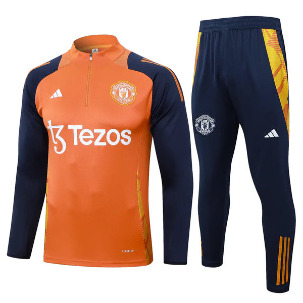 Conjunto Manchester United Zíper Curto Treino Laranja e Azul